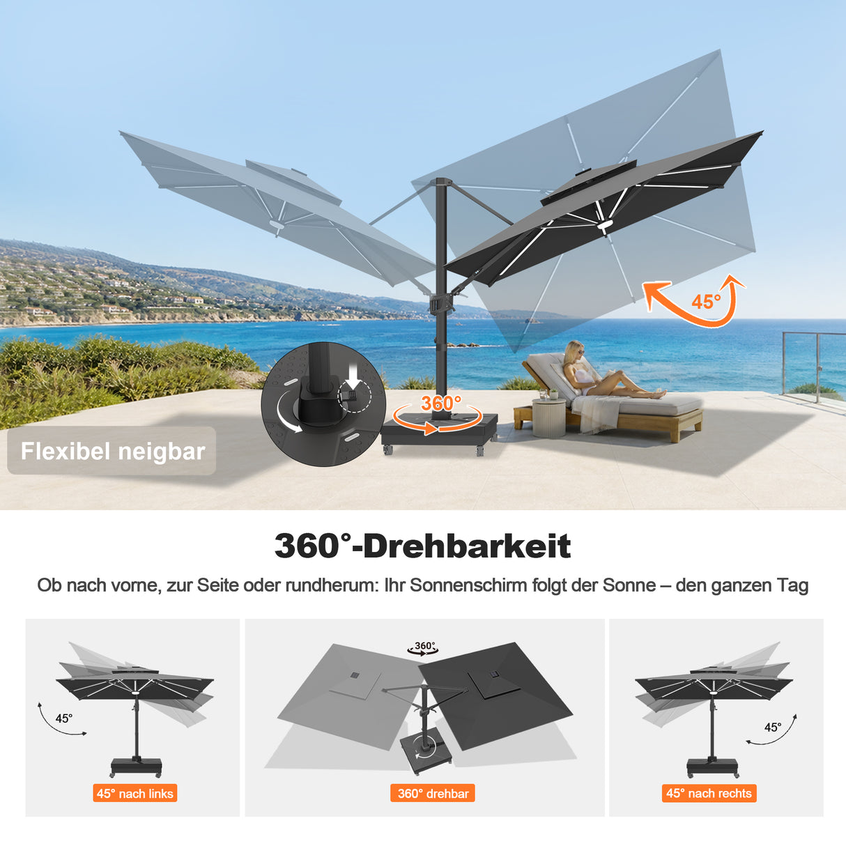 Patioslife Aegis Signature Drehbarer Ampelschirm mit verstellbarem Neigungswinkel | Großer Sonnenschirm für Garten, Terrasse & Poolbereich | Inkl. Premium-Schutzhülle