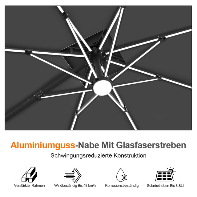 Patioslife Aegis Premium Ampelschirm mit integrierter LED-Beleuchtung, Fiberglasstreben, pulverbeschichtetem Aluminiumgestell und Schutzhülle