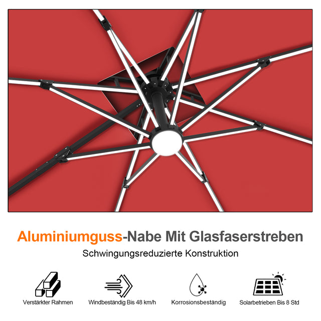 Patioslife Aegis Premium Ampelschirm mit integrierter LED-Beleuchtung, Fiberglasstreben, pulverbeschichtetem Aluminiumgestell und Schutzhülle