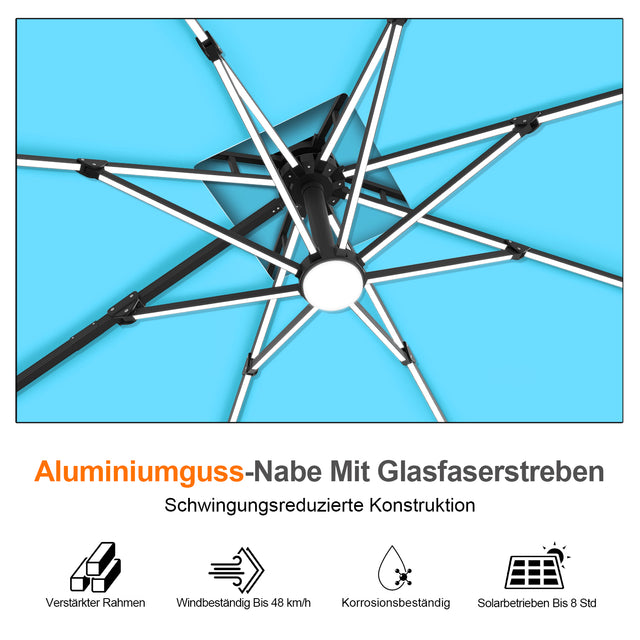 Patioslife Aegis Premium Ampelschirm mit integrierter LED-Beleuchtung, Fiberglasstreben, pulverbeschichtetem Aluminiumgestell und Schutzhülle