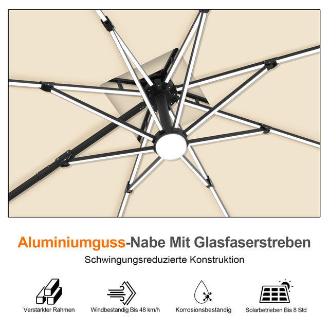 Patioslife Aegis Premium Ampelschirm mit integrierter LED-Beleuchtung, Fiberglasstreben, pulverbeschichtetem Aluminiumgestell und Schutzhülle