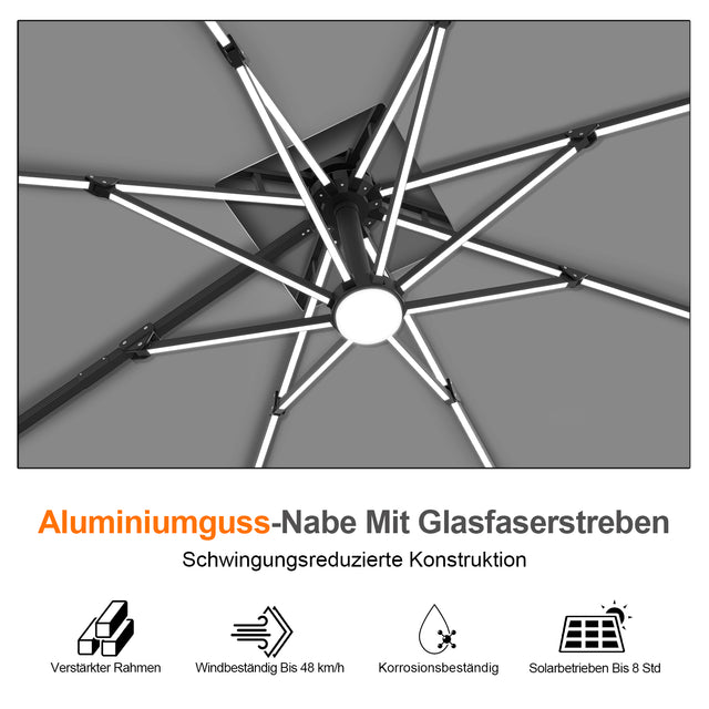 Patioslife Aegis Premium Ampelschirm mit integrierter LED-Beleuchtung, Fiberglasstreben, pulverbeschichtetem Aluminiumgestell und Schutzhülle