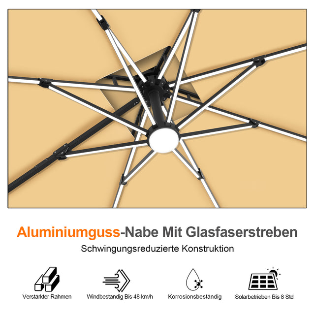 Patioslife Aegis Premium Ampelschirm mit integrierter LED-Beleuchtung, Fiberglasstreben, pulverbeschichtetem Aluminiumgestell und Schutzhülle