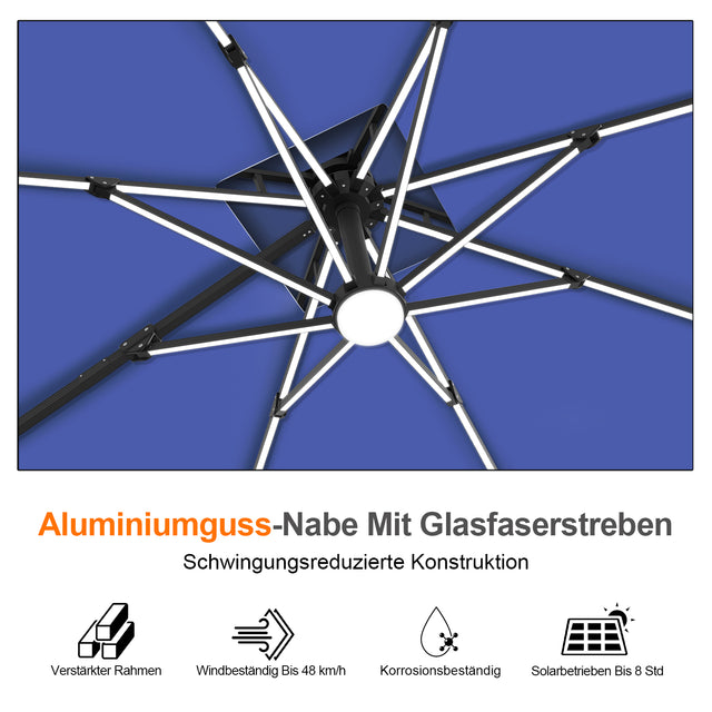 Patioslife Aegis Premium Ampelschirm mit integrierter LED-Beleuchtung, Fiberglasstreben, pulverbeschichtetem Aluminiumgestell und Schutzhülle