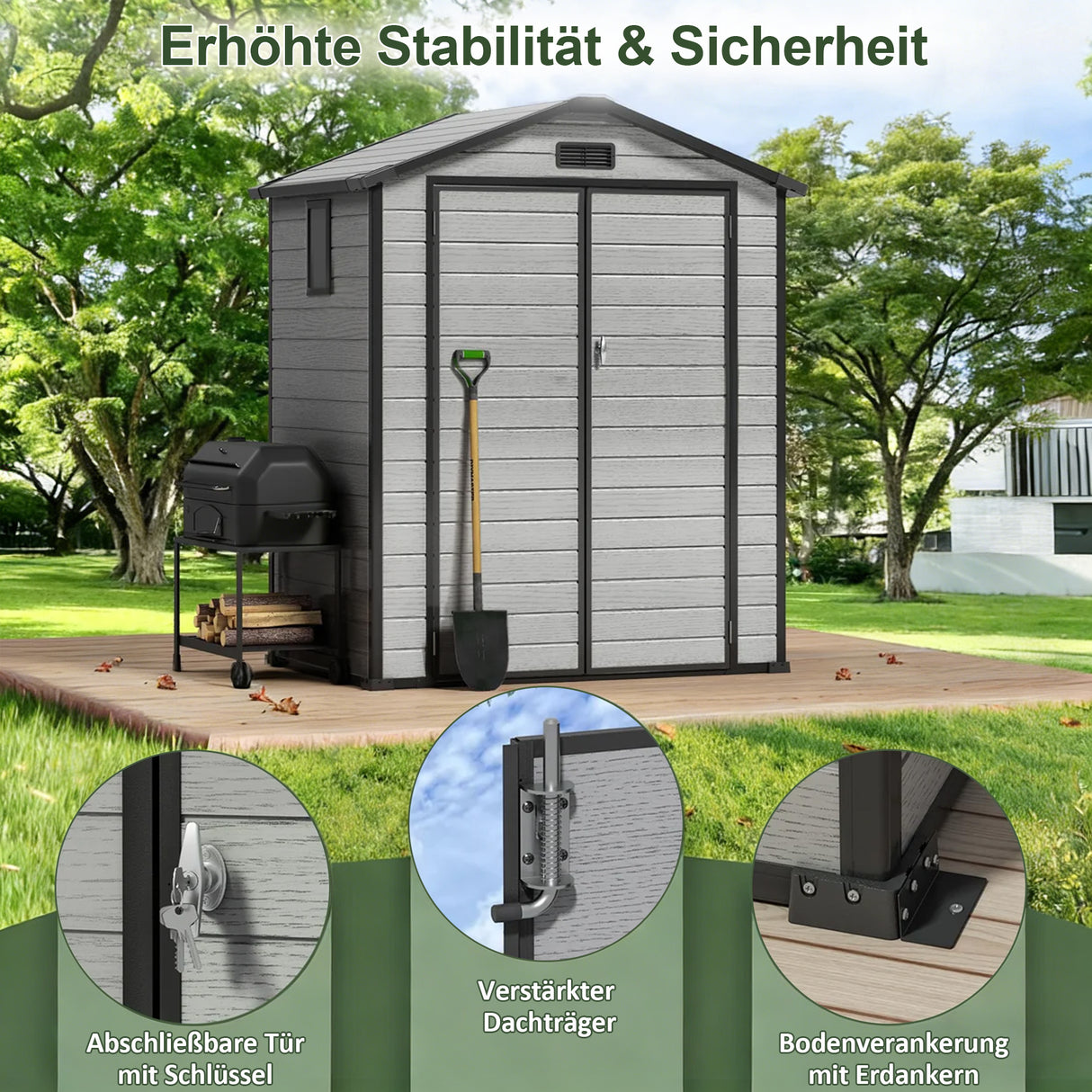 Patioslife YardVault Gerätehaus aus wetterfestem Kunstharz – mit Boden, Schloss und Fenster