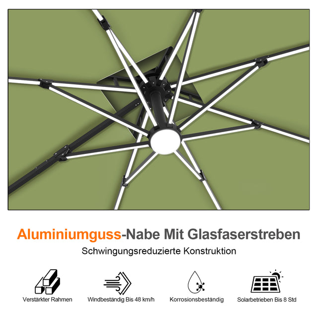 Patioslife Aegis Premium Ampelschirm mit integrierter LED-Beleuchtung, Fiberglasstreben, pulverbeschichtetem Aluminiumgestell und Schutzhülle