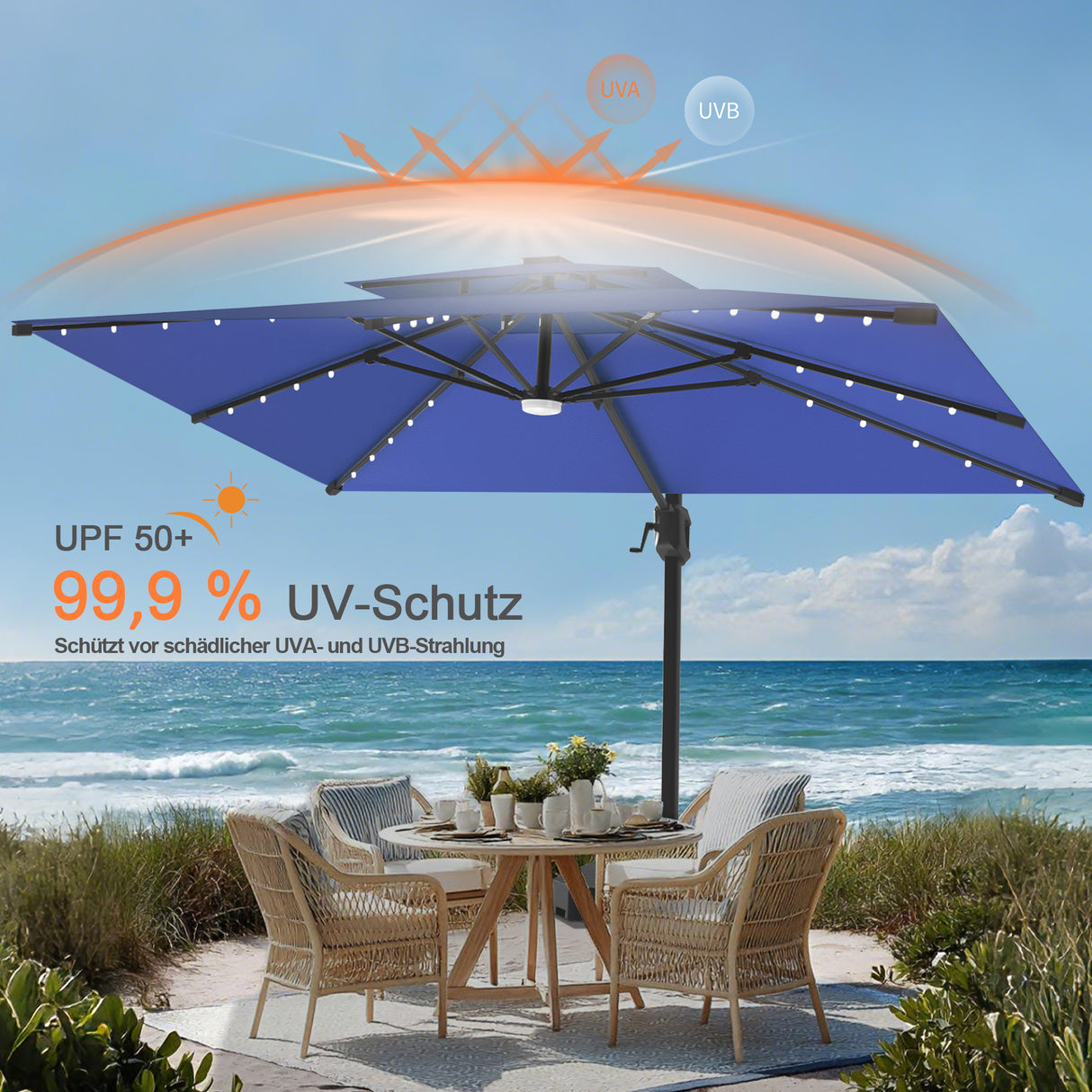 Patioslife Aegis Pro Ampelschirm – rechteckig, mit integrierter LED-Beleuchtung, Metall-Kreuzfuß & verstärktem Aluminiumgestell