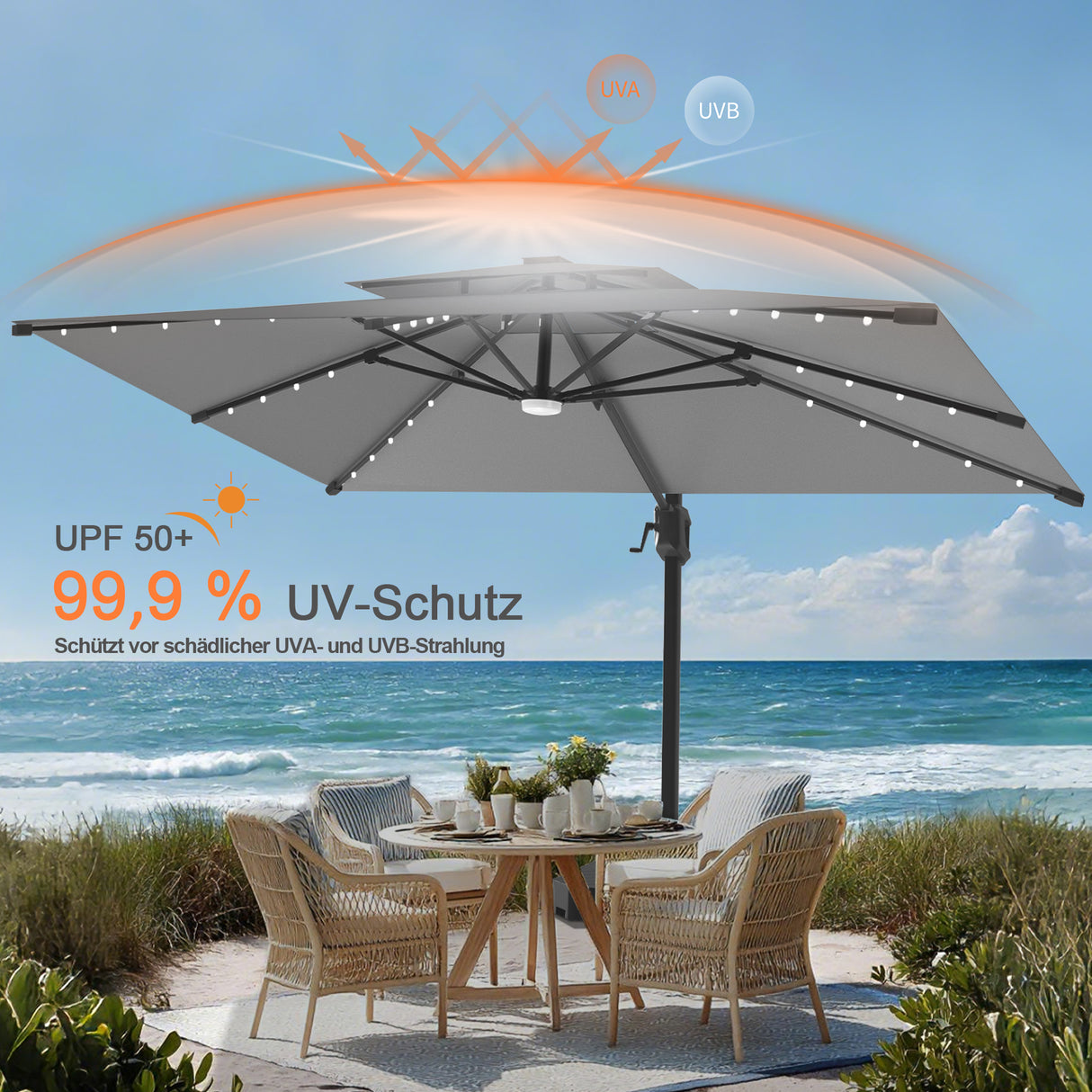 Patioslife Aegis Pro Ampelschirm – rechteckig, mit integrierter LED-Beleuchtung, Metall-Kreuzfuß & verstärktem Aluminiumgestell