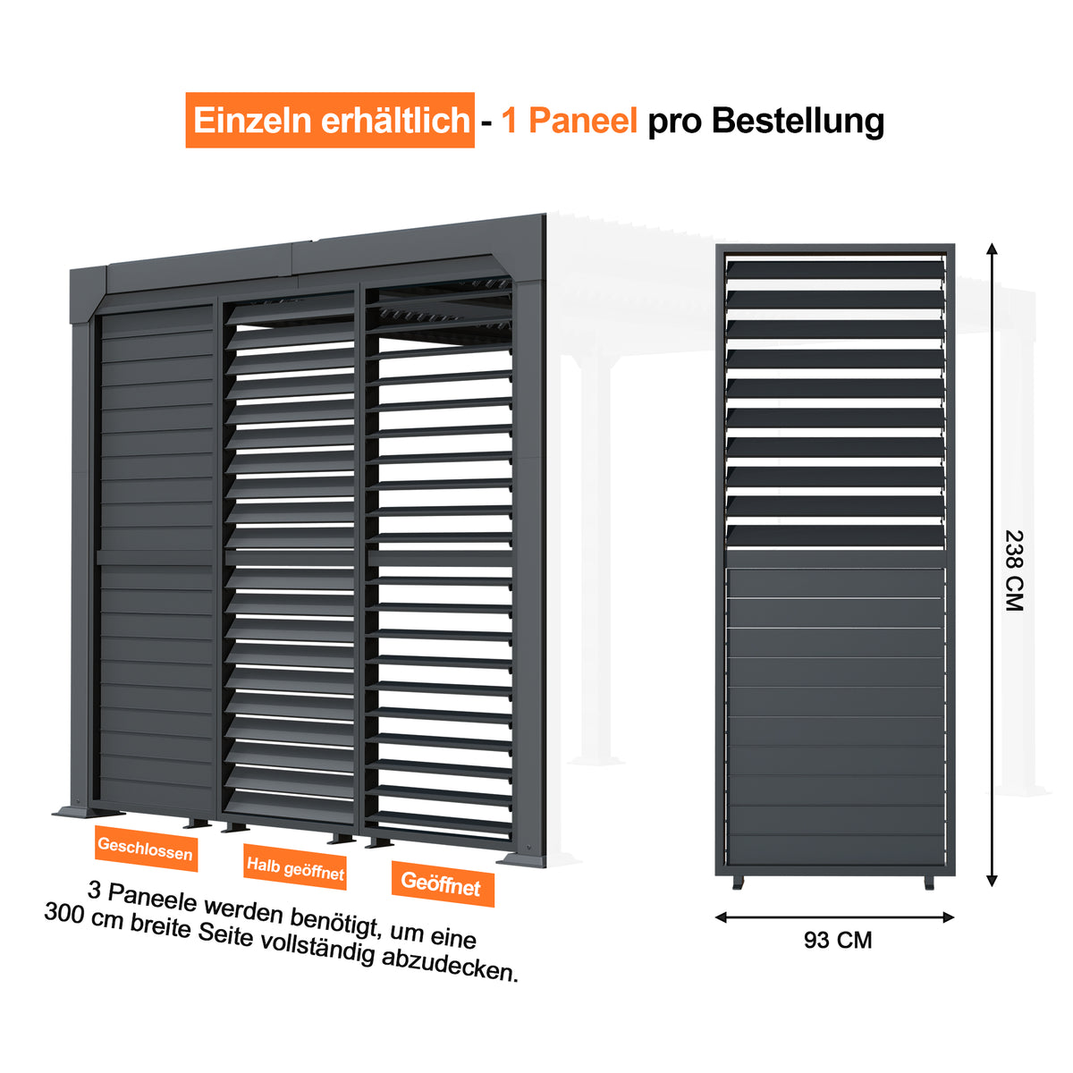 Patioslife Atlantic Series Pergola-Seitenwand aus Aluminium mit verstellbaren Lamellen – Sicht-, Sonnen- und Windschutz