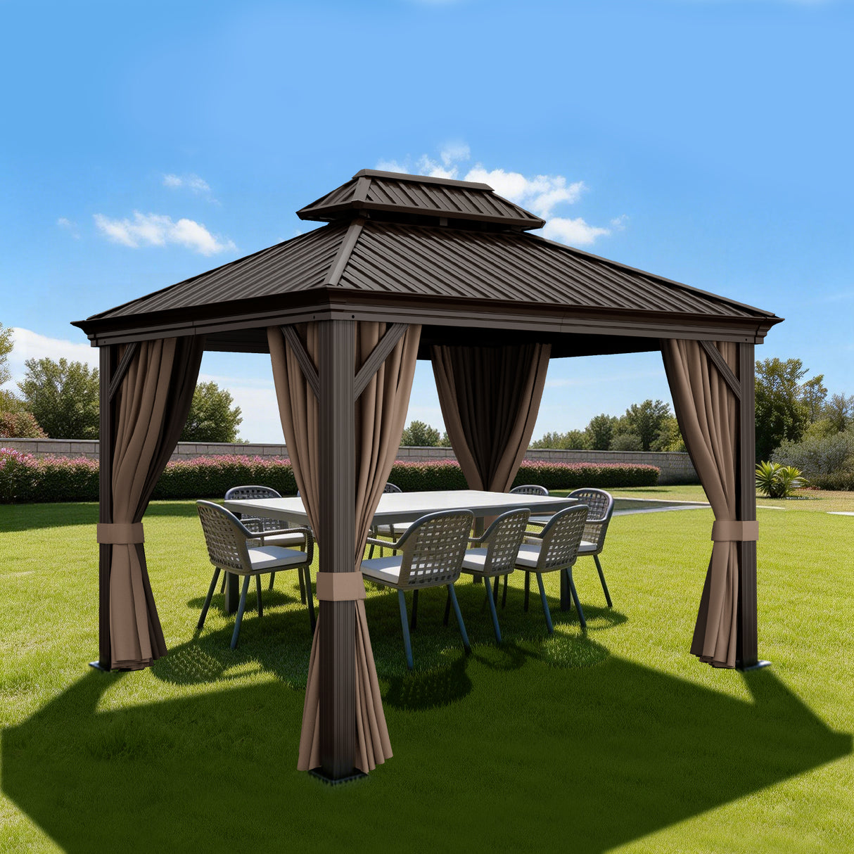 Patioslife Luxury Haven Hardtop-Pavillon aus Aluminium – 12x12 cm starke Pfosten, integrierte Entwässerung & doppelt belüftetes Dach mit Vorhängen