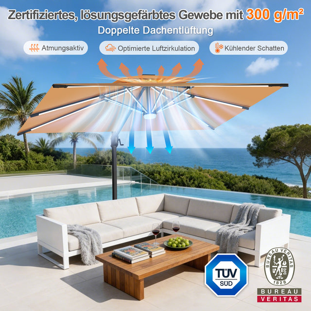 Patioslife Aegis Premium Ampelschirm mit integrierter LED-Beleuchtung, Fiberglasstreben, pulverbeschichtetem Aluminiumgestell und Schutzhülle