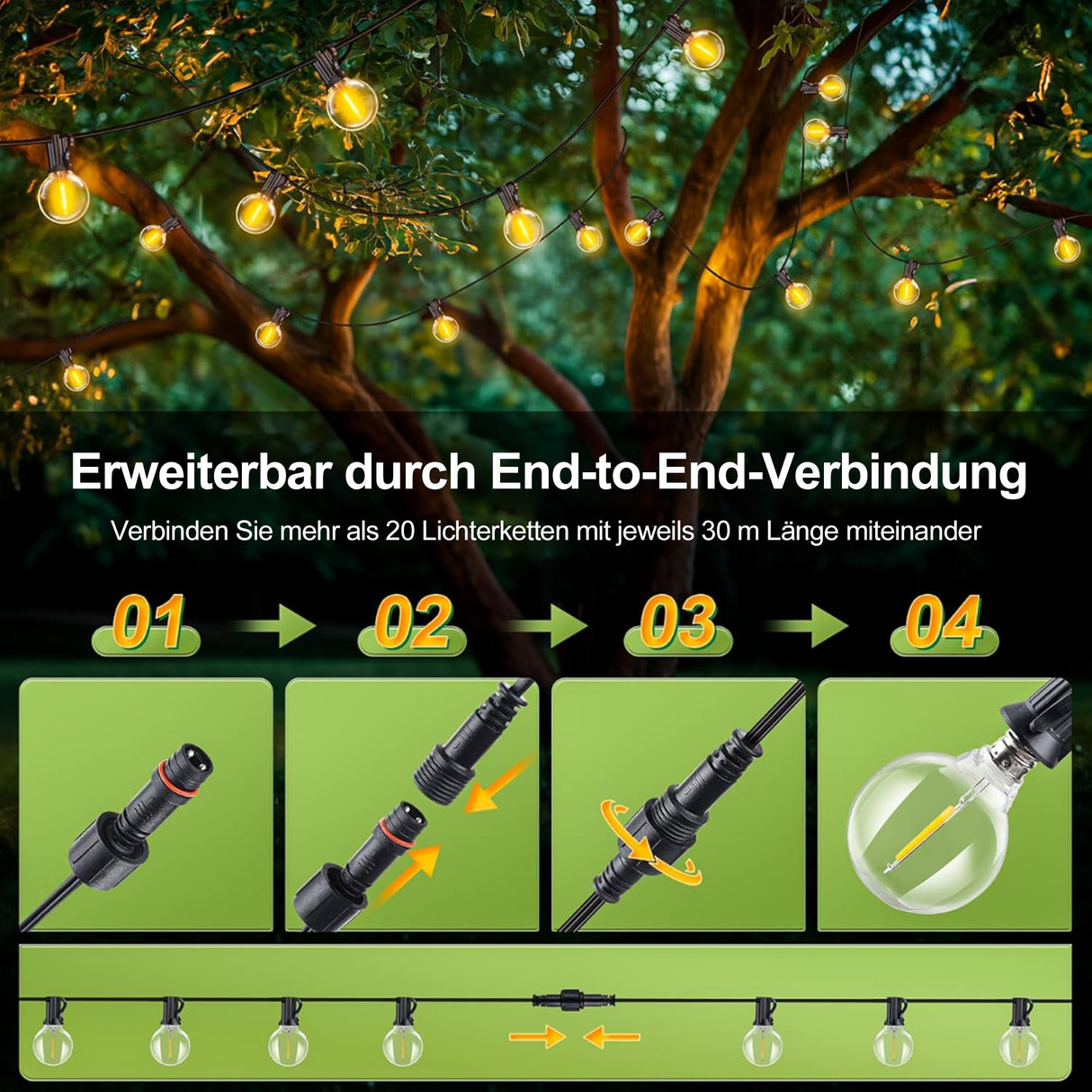 Patioslife | 30m Outdoor-Lichterkette – 1 Packung, wasserdicht & bruchfest, 2700K warmweiß für Partys, Garten & Terrasse