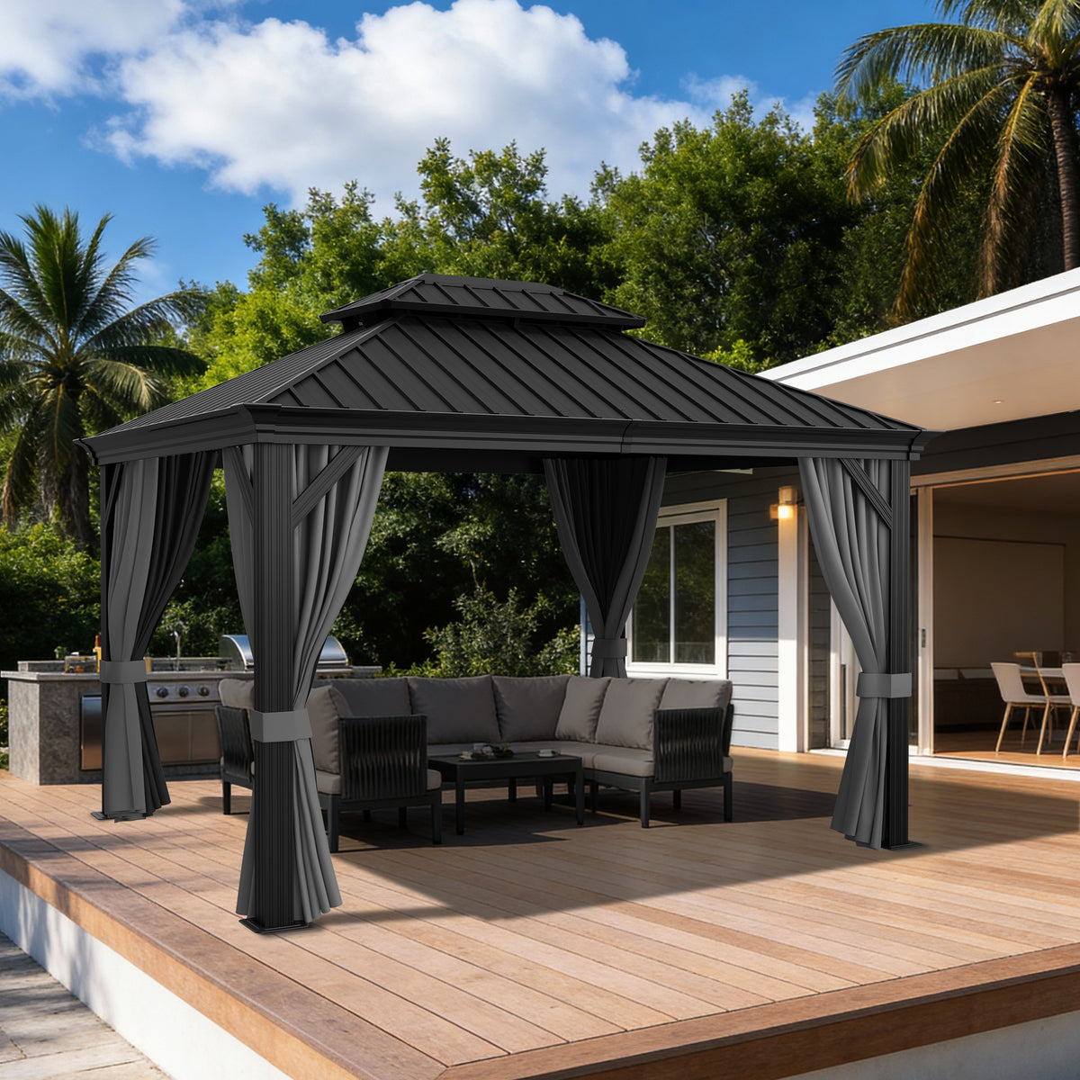 Patioslife Haven Pergola – Aluminium, Doppelbelüftung & Entwässerung – Elegantes Design mit Vorhängen für Terrasse
