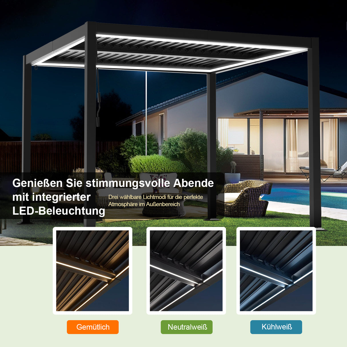 Patioslife Atlantic™ Aluminium-Lamellenpergola – freistehende Pergola mit verstellbarem Lamellendach