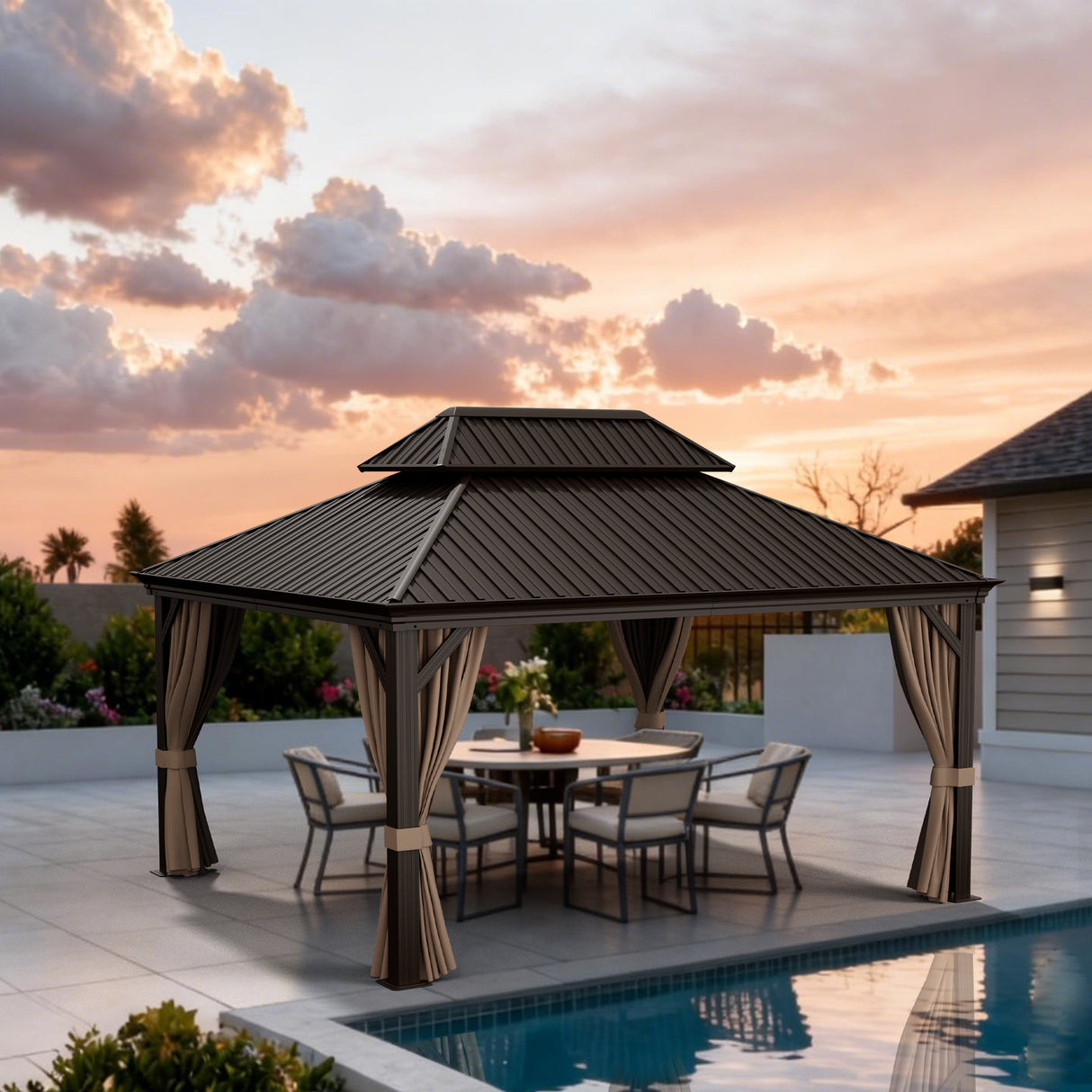 Patioslife Luxury Haven Hardtop-Pavillon aus Aluminium – 12x12 cm starke Pfosten, integrierte Entwässerung & doppelt belüftetes Dach mit Vorhängen