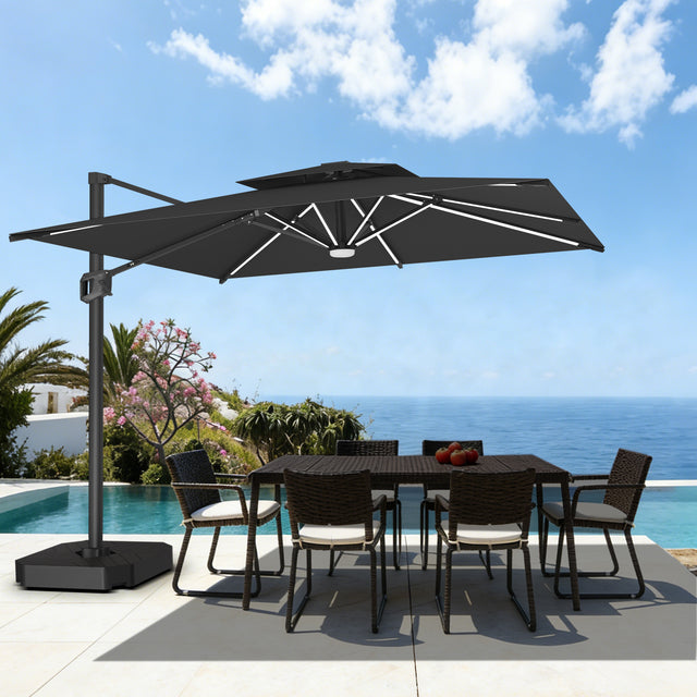 Patioslife Aegis Premium Ampelschirm mit integrierter LED-Beleuchtung, Fiberglasstreben, pulverbeschichtetem Aluminiumgestell und Schutzhülle
