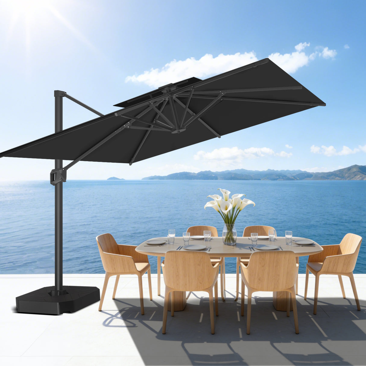 Patioslife Aegis Pro Ampelschirm -moderner Sonnenschirm mit Kreuzfuß und verstärktem Aluminiumgestell für Garten und Terrasse.