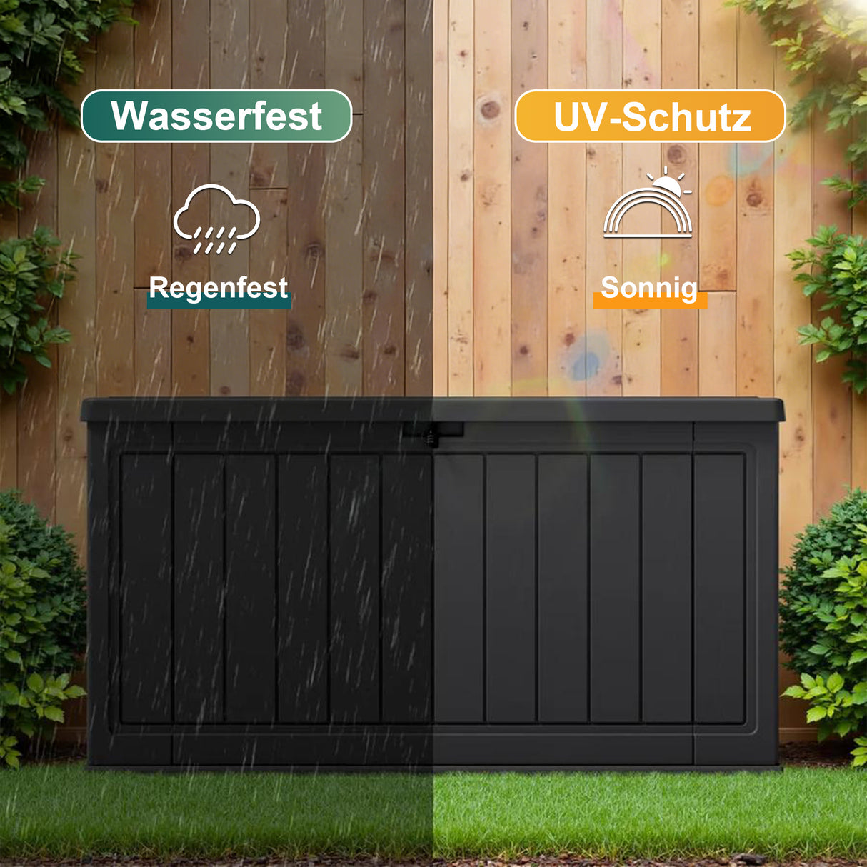 Kunstharz-Aufbewahrungsbox – groß, wetterfest, UV-beständig und abschließbar, für Polster, Gartengeräte und Poolzubehör