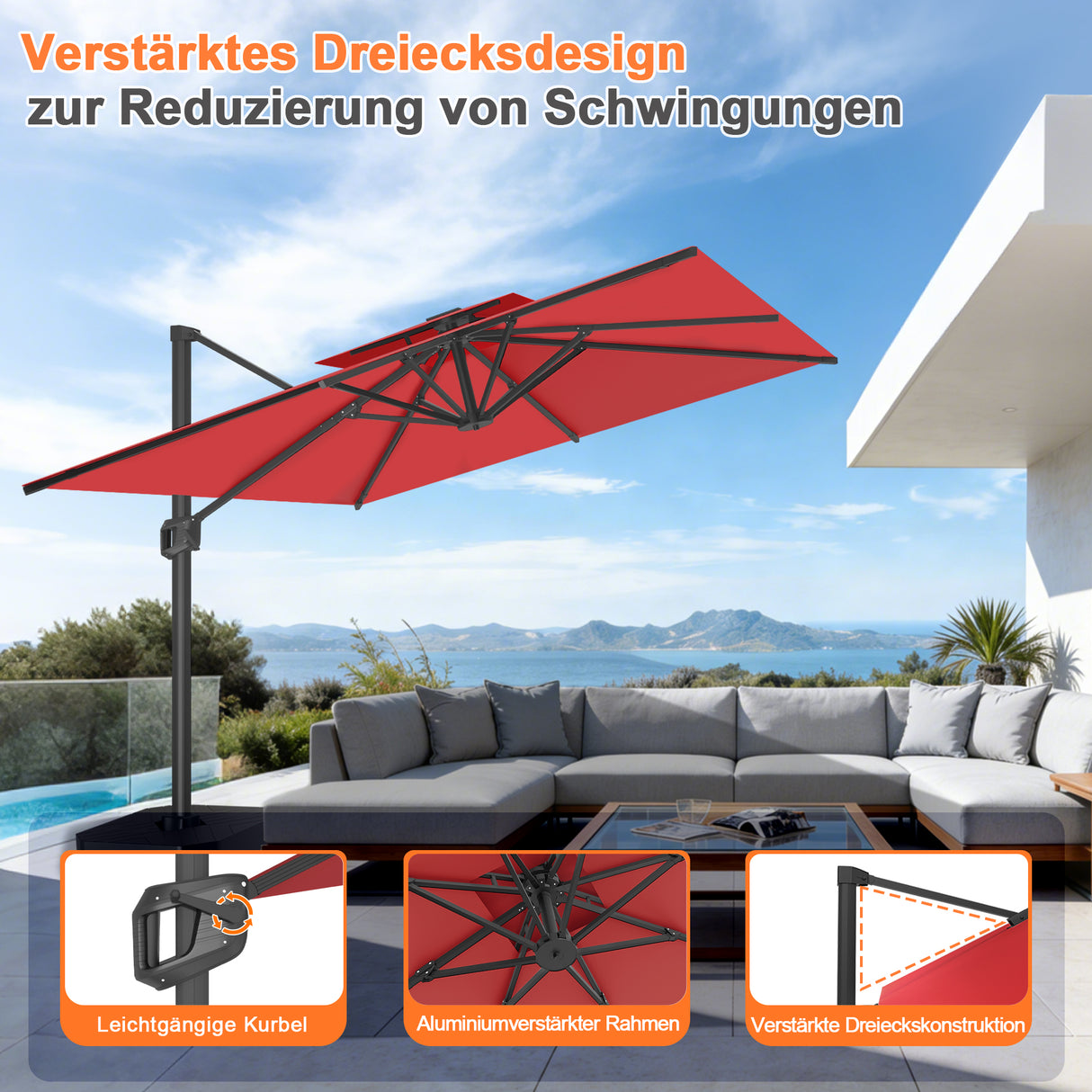 Patioslife Aegis Pro Ampelschirm -moderner Sonnenschirm mit Kreuzfuß und verstärktem Aluminiumgestell für Garten und Terrasse.