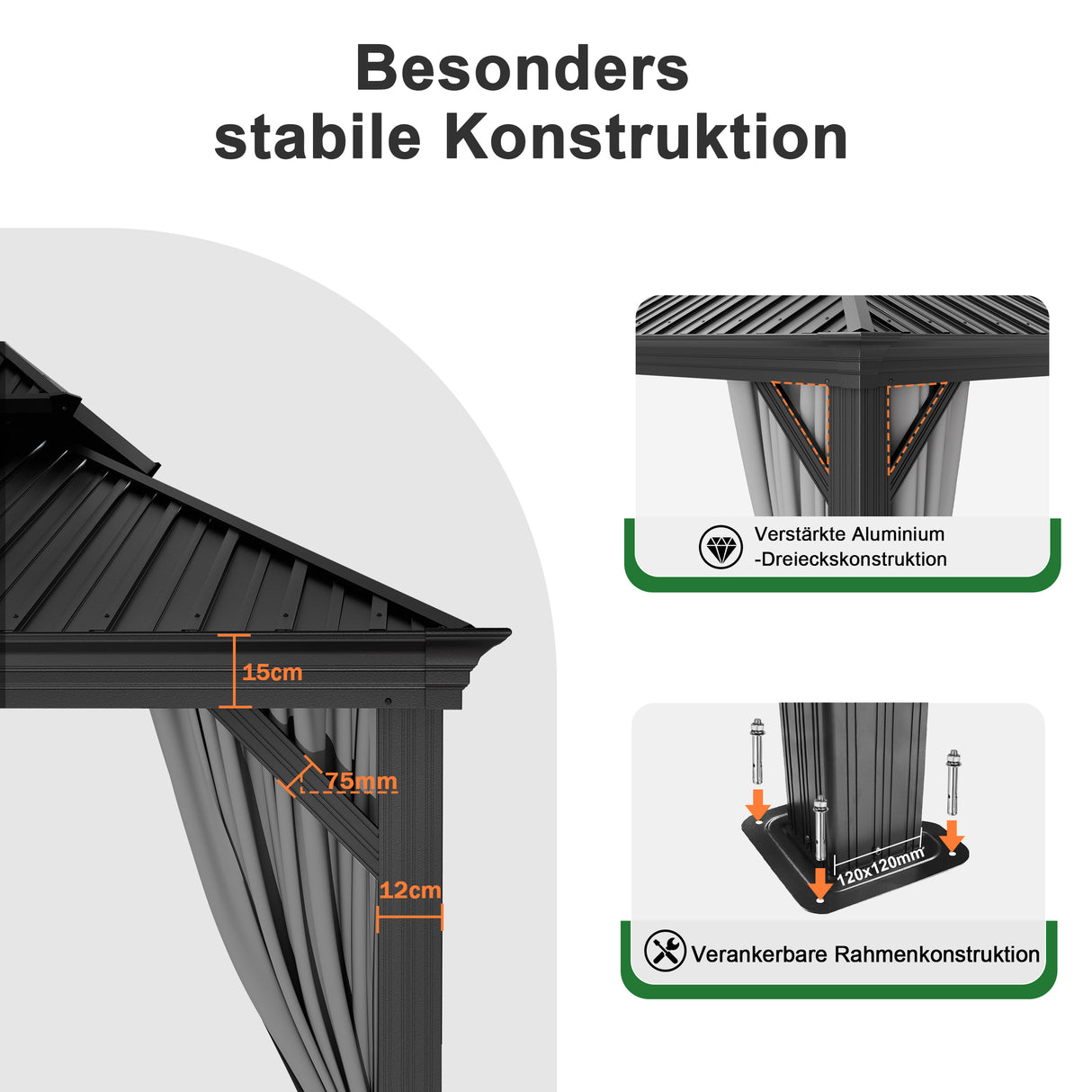 Patioslife Luxury Haven Hardtop-Pavillon aus Aluminium – 12x12 cm starke Pfosten, integrierte Entwässerung & doppelt belüftetes Dach mit Vorhängen