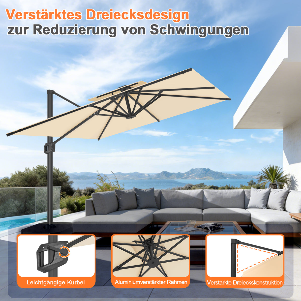 Patioslife Aegis Pro Ampelschirm -moderner Sonnenschirm mit Kreuzfuß und verstärktem Aluminiumgestell für Garten und Terrasse.
