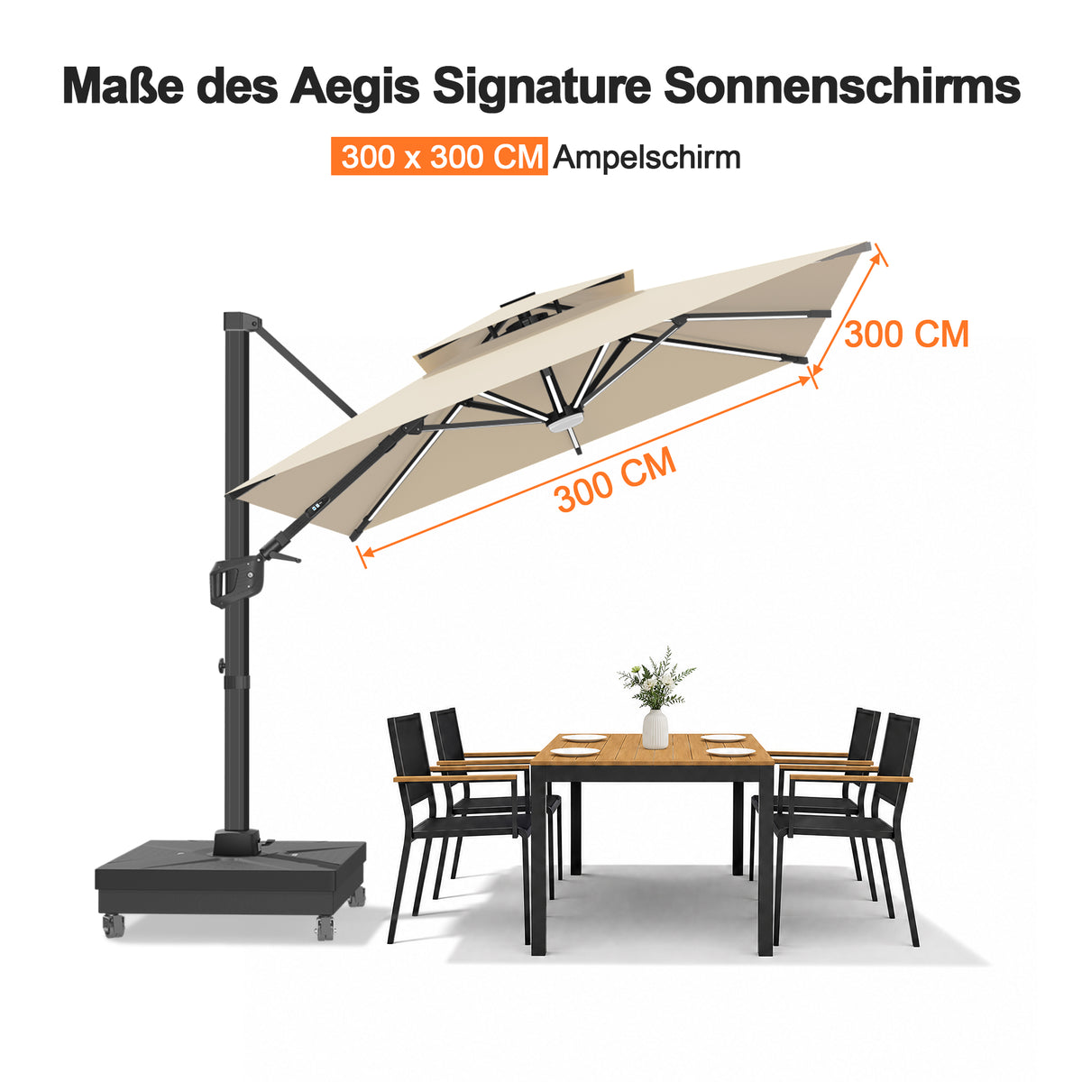 Patioslife Aegis Signature Drehbarer Ampelschirm mit verstellbarem Neigungswinkel | Großer Sonnenschirm für Garten, Terrasse & Poolbereich | Inkl. Premium-Schutzhülle