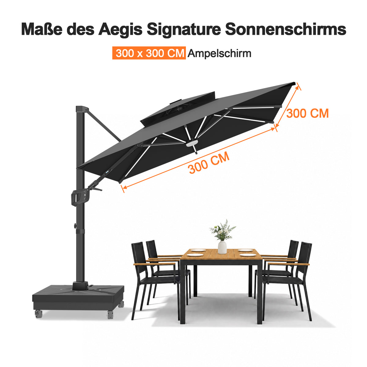 Patioslife Aegis Signature Drehbarer Ampelschirm mit verstellbarem Neigungswinkel | Großer Sonnenschirm für Garten, Terrasse & Poolbereich | Inkl. Premium-Schutzhülle