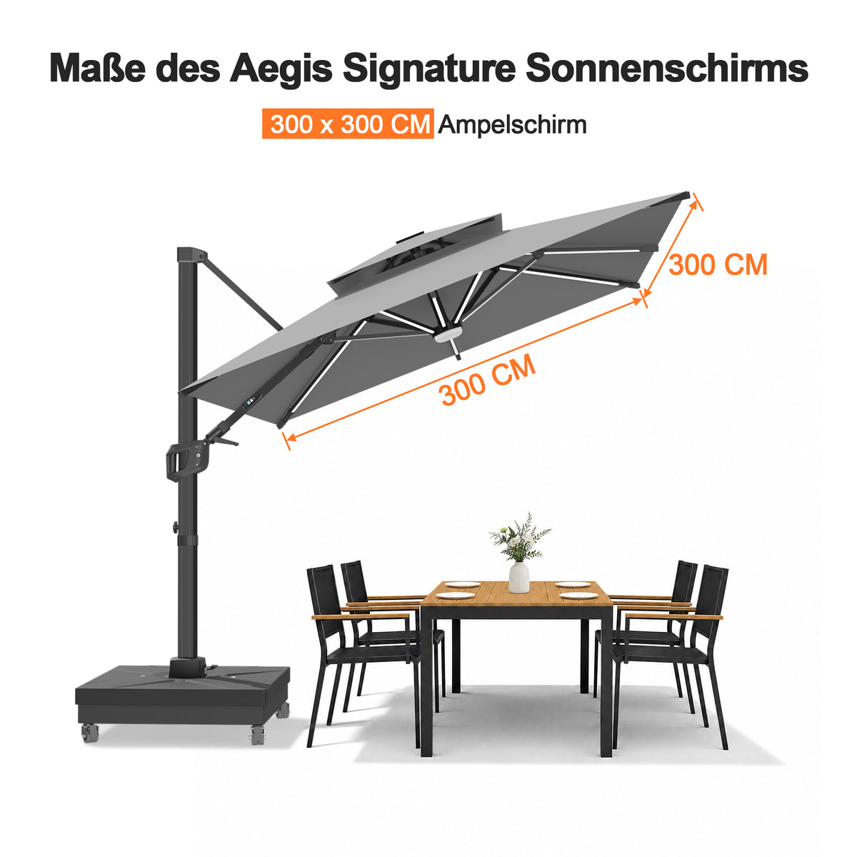 Patioslife Aegis Signature Drehbarer Ampelschirm mit verstellbarem Neigungswinkel | Großer Sonnenschirm für Garten, Terrasse & Poolbereich | Inkl. Premium-Schutzhülle