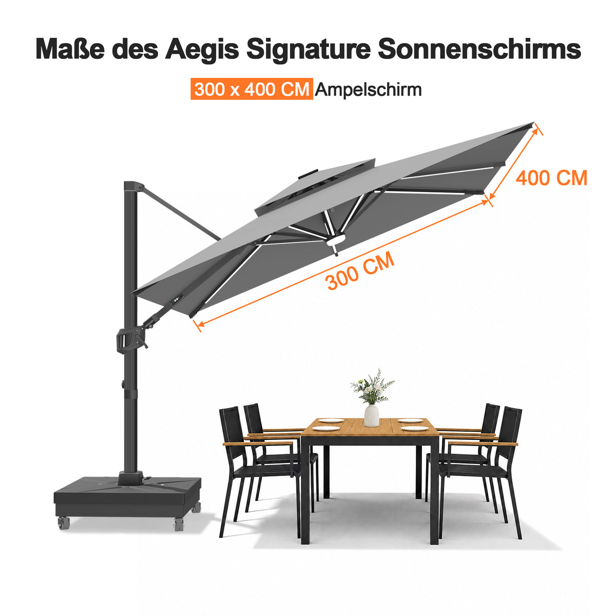 Patioslife Aegis Signature Drehbarer Ampelschirm mit verstellbarem Neigungswinkel | Großer Sonnenschirm für Garten, Terrasse & Poolbereich | Inkl. Premium-Schutzhülle