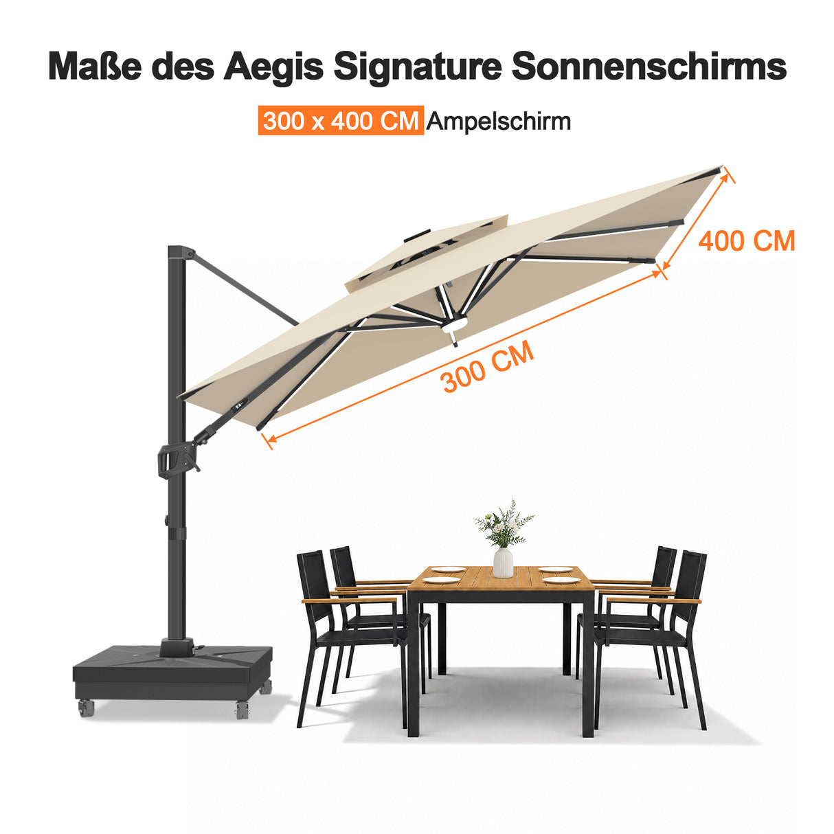Patioslife Aegis Signature Drehbarer Ampelschirm mit verstellbarem Neigungswinkel | Großer Sonnenschirm für Garten, Terrasse & Poolbereich | Inkl. Premium-Schutzhülle