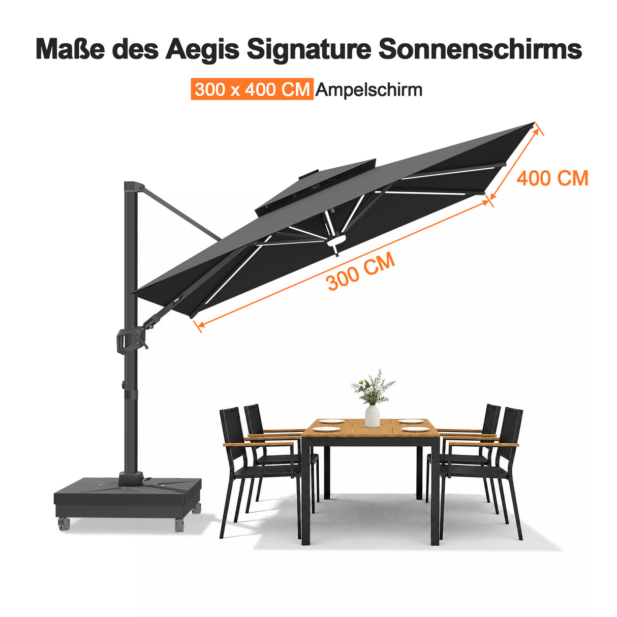 Patioslife Aegis Signature Drehbarer Ampelschirm mit verstellbarem Neigungswinkel | Großer Sonnenschirm für Garten, Terrasse & Poolbereich | Inkl. Premium-Schutzhülle