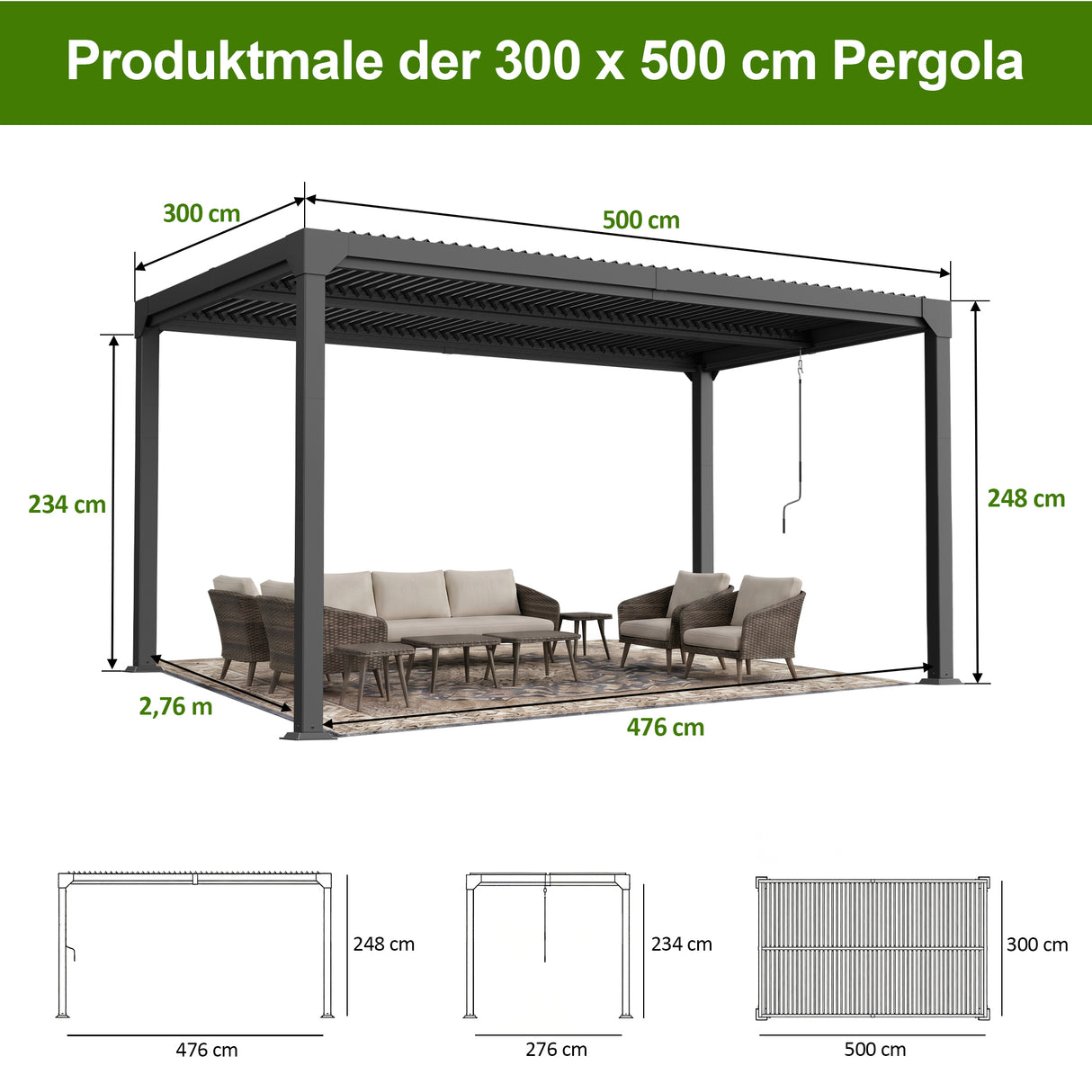 Patioslife Atlantic Aluminium-Lamellenpergola – freistehende Pergola mit verstellbarem Lamellendach