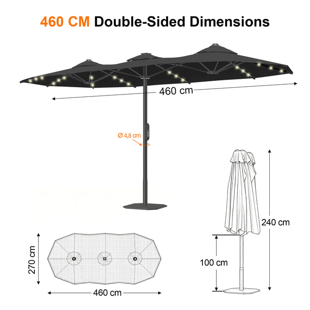 Patioslife Aegis – Motorisierter Doppeldach-Sonnenschirm mit Fernbedienung, UPF 50+, Solar-LED-Beleuchtung und sturmfestem Gestell