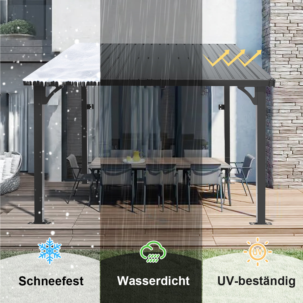 Patioslife Haven™ Hardtop-Pavillon aus Aluminium – wandmontiert mit festem Dach, für Garten und Terrasse