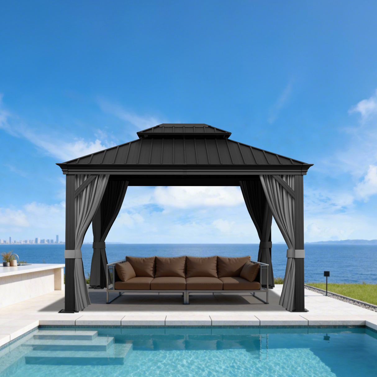 Patioslife Haven Gartenpavillon – Outdoor-Lounge mit Doppelbelüftung & Sichtschutzvorhängen – Eleganz & Komfort