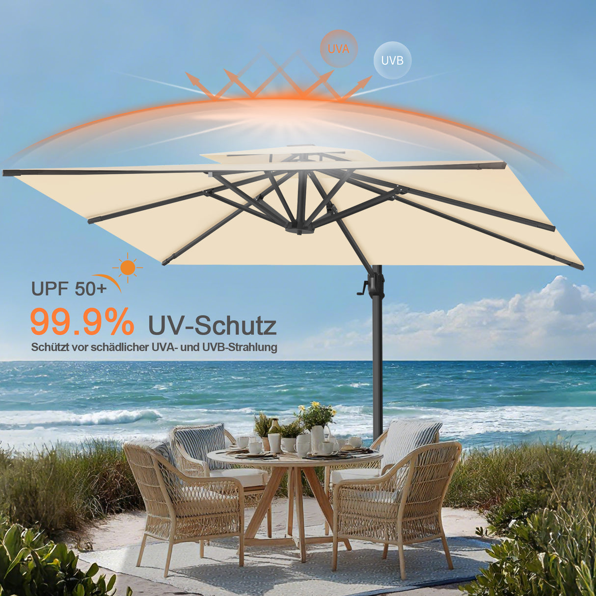 Patioslife Aegis Pro Ampelschirm -moderner Sonnenschirm mit Kreuzfuß und verstärktem Aluminiumgestell für Garten und Terrasse.