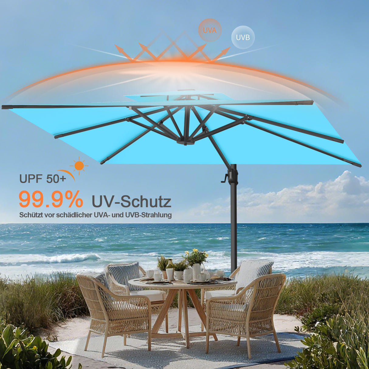 Patioslife Aegis Pro Ampelschirm -moderner Sonnenschirm mit Kreuzfuß und verstärktem Aluminiumgestell für Garten und Terrasse.