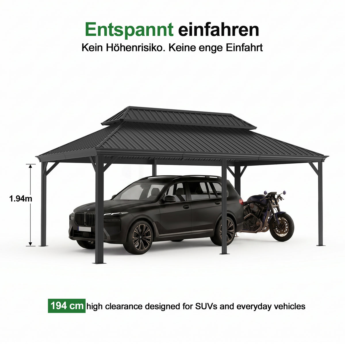 Patioslife Aluminium-Carport mit Stahldach – Wetterfester Fahrzeug-Unterstand für Auto, Motorrad & Wohnmobil