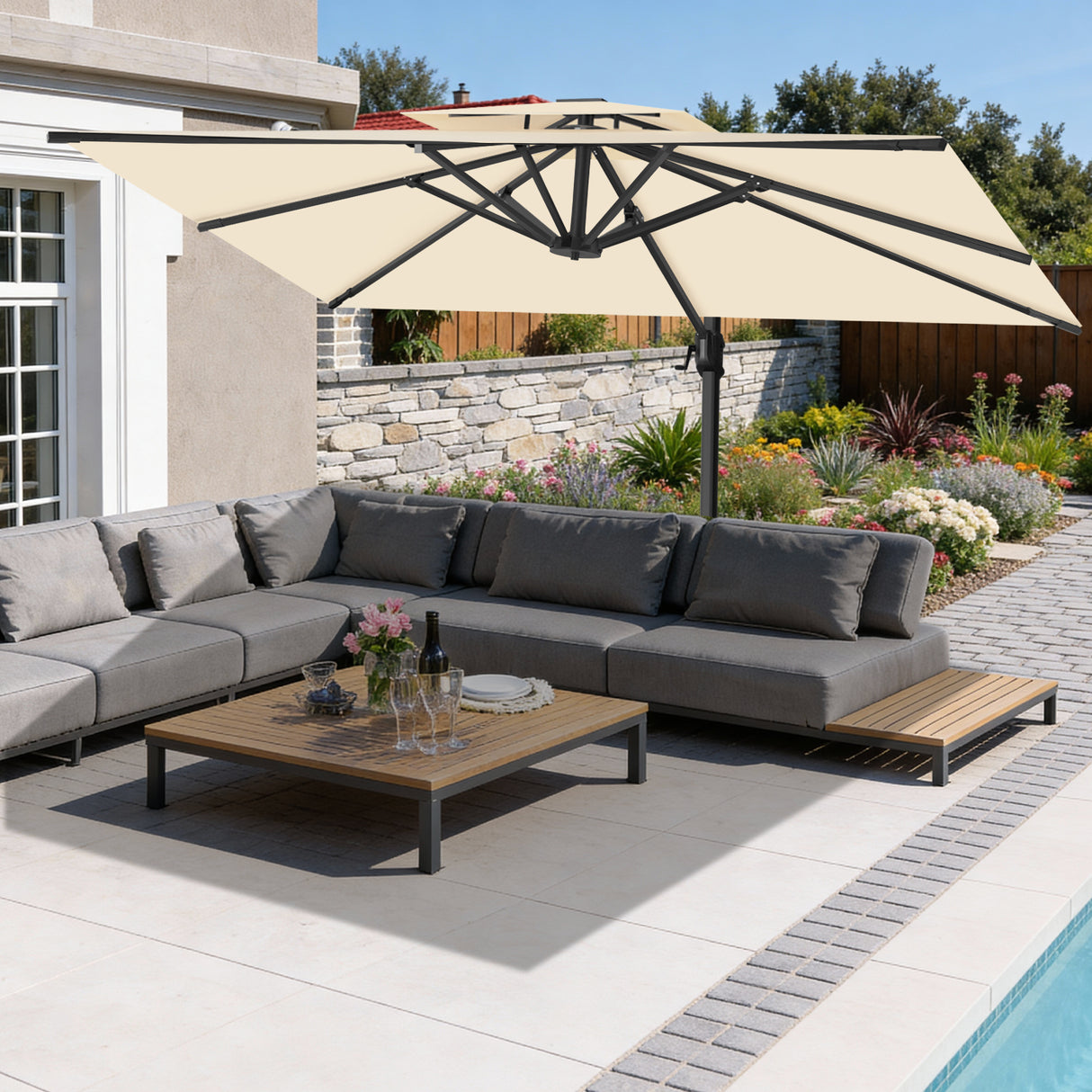 Patioslife Aegis Pro Ampelschirm -moderner Sonnenschirm mit Kreuzfuß und verstärktem Aluminiumgestell für Garten und Terrasse.