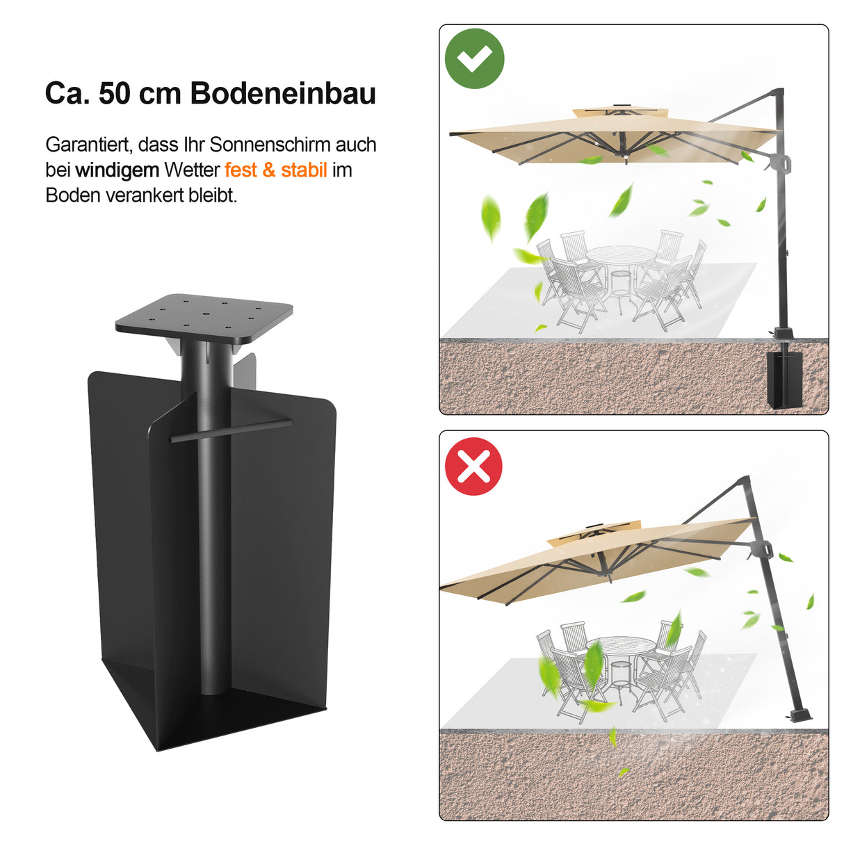 Patioslife Aegis Bodenhülse für Ampelschirme – 60 cm tief, doppelbeschichteter Stahl, feste Verankerung in Beton, windstabil