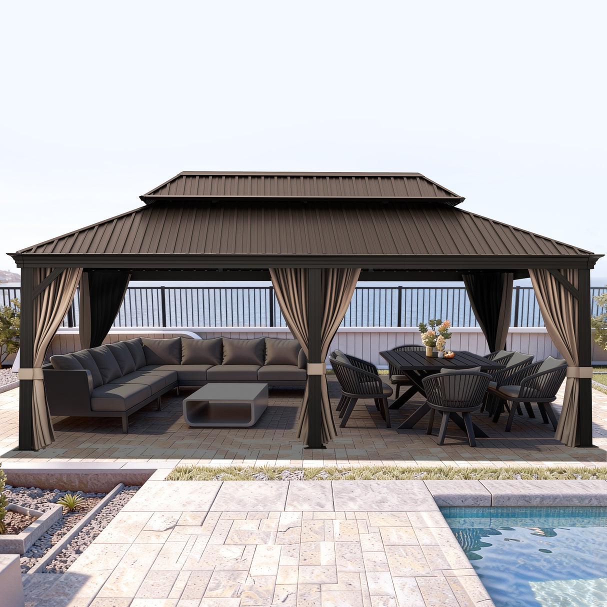 Patioslife Luxury Haven Hardtop-Pavillon aus Aluminium – 12x12 cm starke Pfosten, integrierte Entwässerung & doppelt belüftetes Dach mit Vorhängen