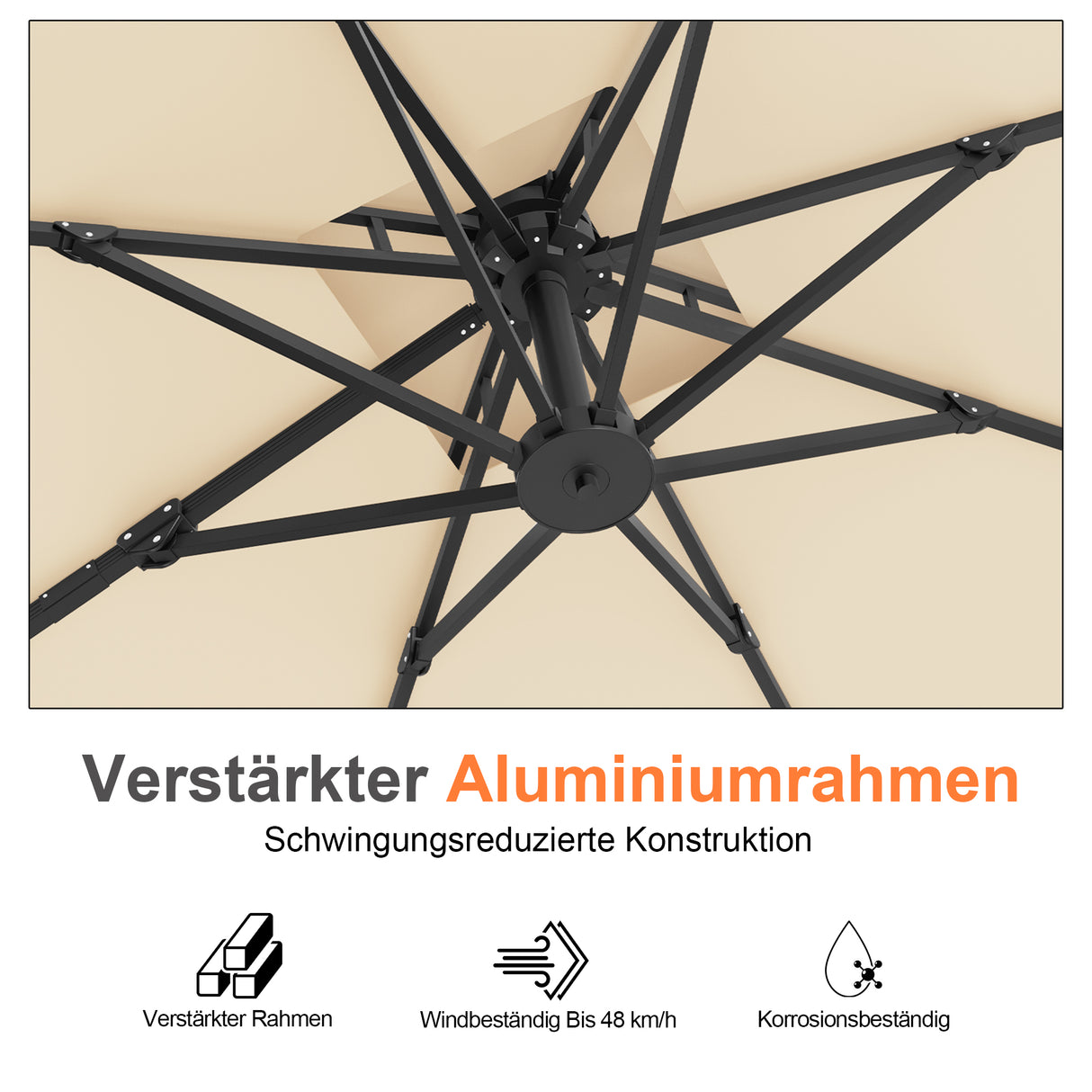 Patioslife Aegis Pro Ampelschirm -moderner Sonnenschirm mit Kreuzfuß und verstärktem Aluminiumgestell für Garten und Terrasse.