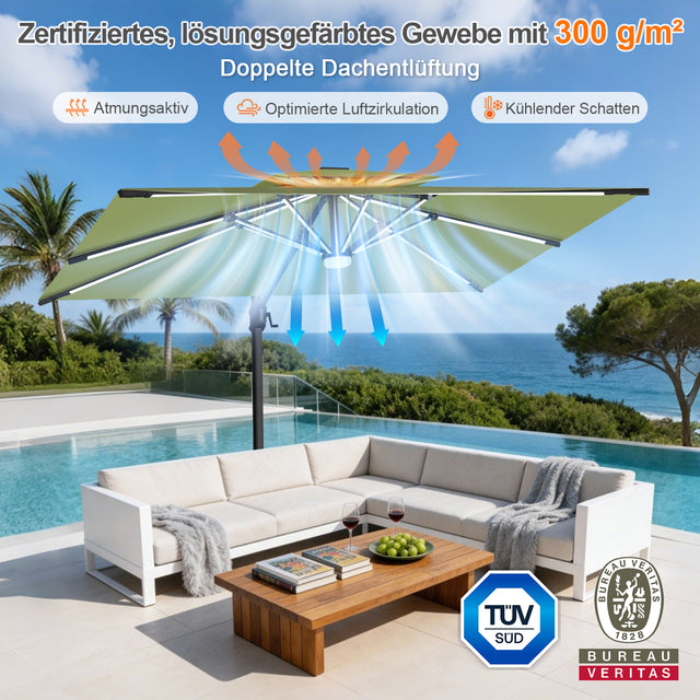 Patioslife Aegis Premium Ampelschirm mit integrierter LED-Beleuchtung, Fiberglasstreben, pulverbeschichtetem Aluminiumgestell und Schutzhülle