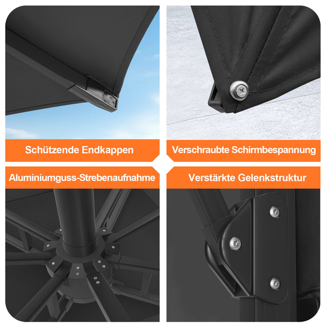 Patioslife Aegis Premium Ampelschirm mit integrierter LED-Beleuchtung, Fiberglasstreben, pulverbeschichtetem Aluminiumgestell und Schutzhülle