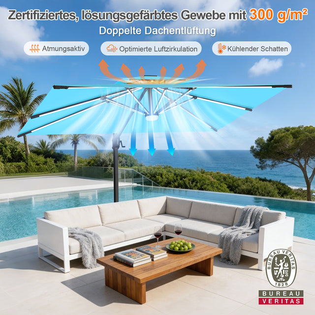 Patioslife Aegis Premium Ampelschirm mit integrierter LED-Beleuchtung, Fiberglasstreben, pulverbeschichtetem Aluminiumgestell und Schutzhülle