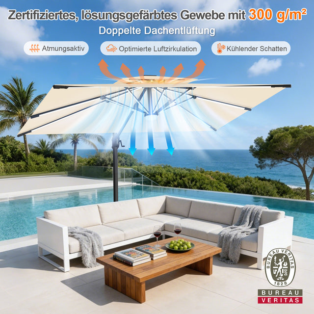 Patioslife Aegis Premium Ampelschirm mit integrierter LED-Beleuchtung, Fiberglasstreben, pulverbeschichtetem Aluminiumgestell und Schutzhülle