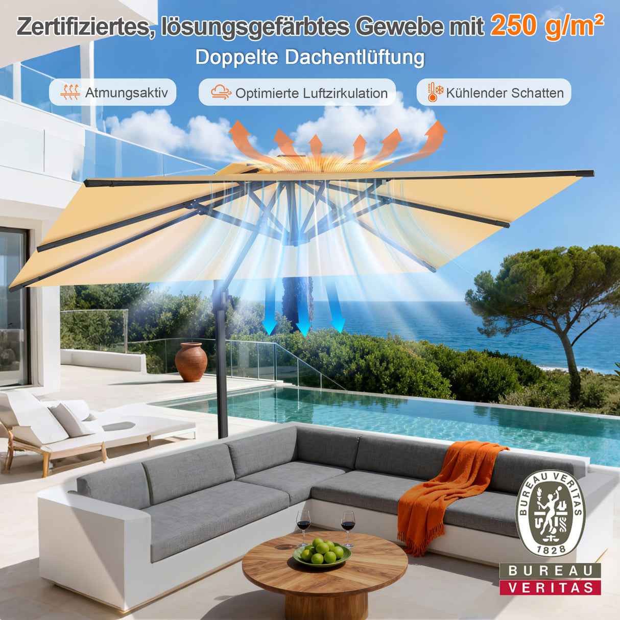Patioslife Aegis Pro Ampelschirm -moderner Sonnenschirm mit Kreuzfuß und verstärktem