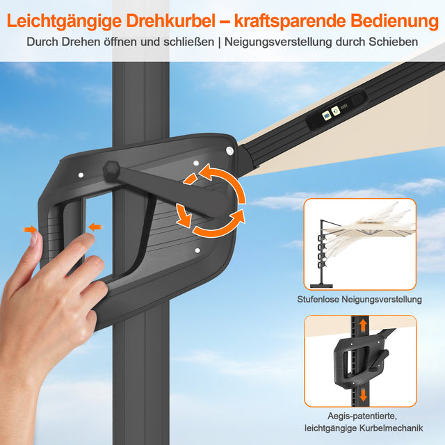 Patioslife Aegis Premium Ampelschirm mit integrierter LED-Beleuchtung, Fiberglasstreben, pulverbeschichtetem Aluminiumgestell und Schutzhülle