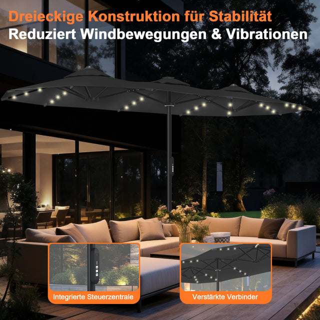 Patioslife Aegis – Motorisierter Doppeldach-Sonnenschirm mit Fernbedienung, UPF 50+, Solar-LED-Beleuchtung und sturmfestem Gestell