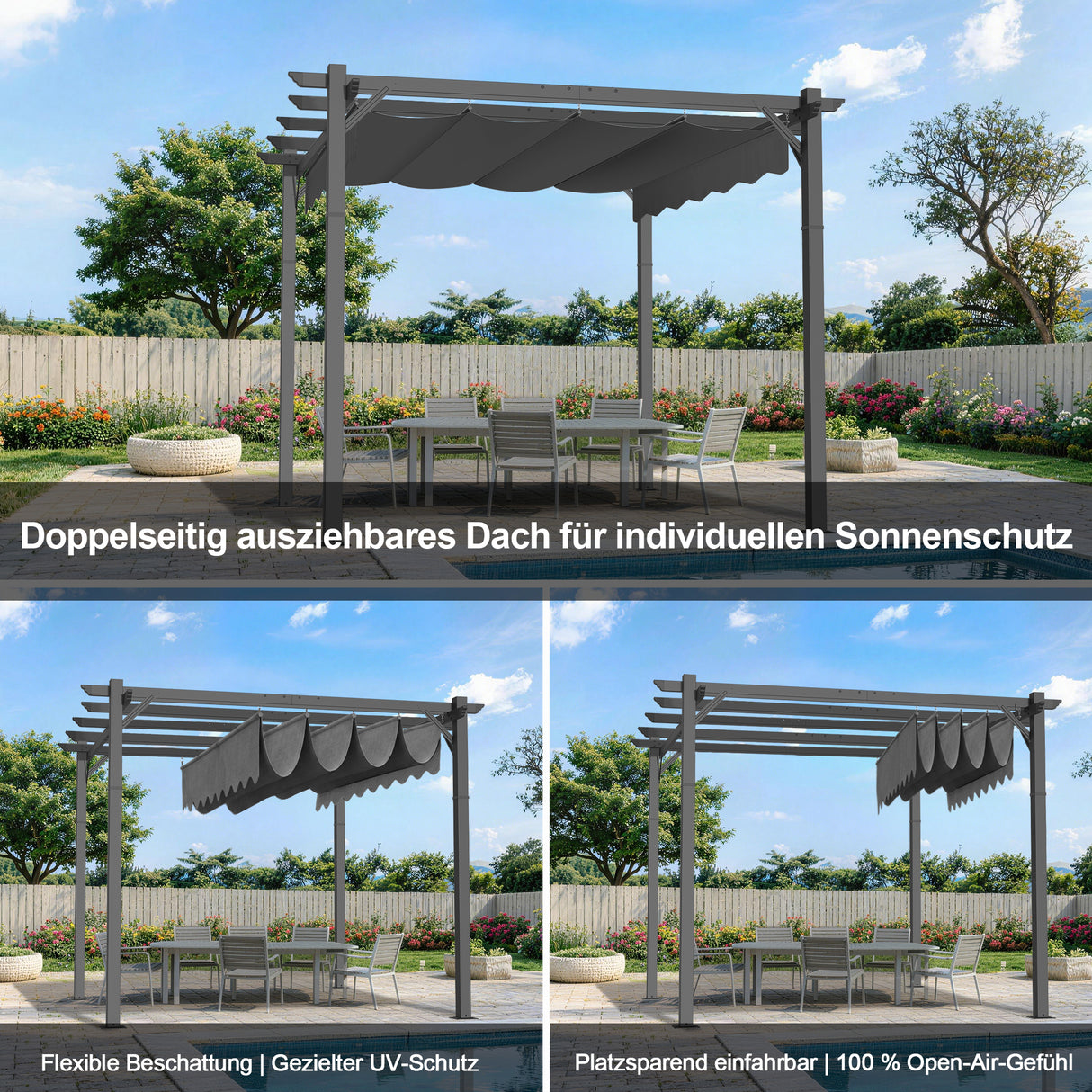 Patioslife Atlantic Pergola mit verstellbarem Sonnendach – Robuste Terrassenüberdachung für Garten und Terrasse